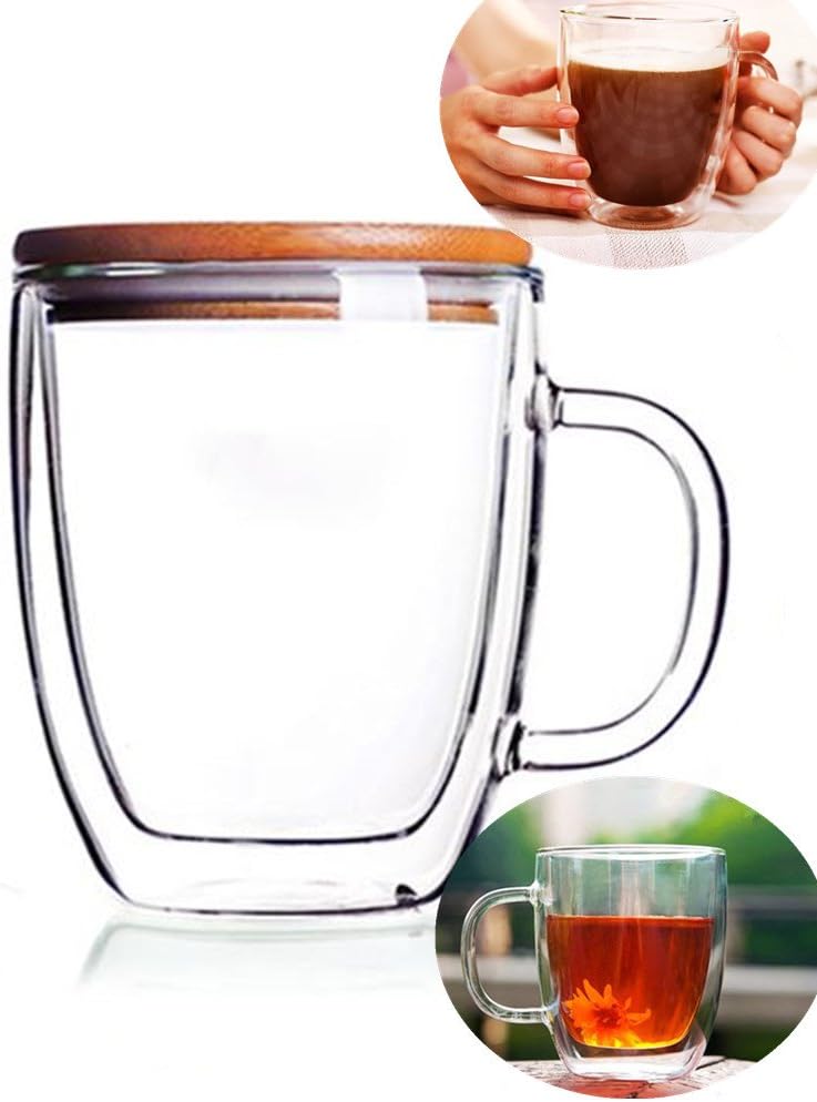 12oz Double wall glass, family cups,Coffee Mug Cup Tea Cup with bamboo lid12oz