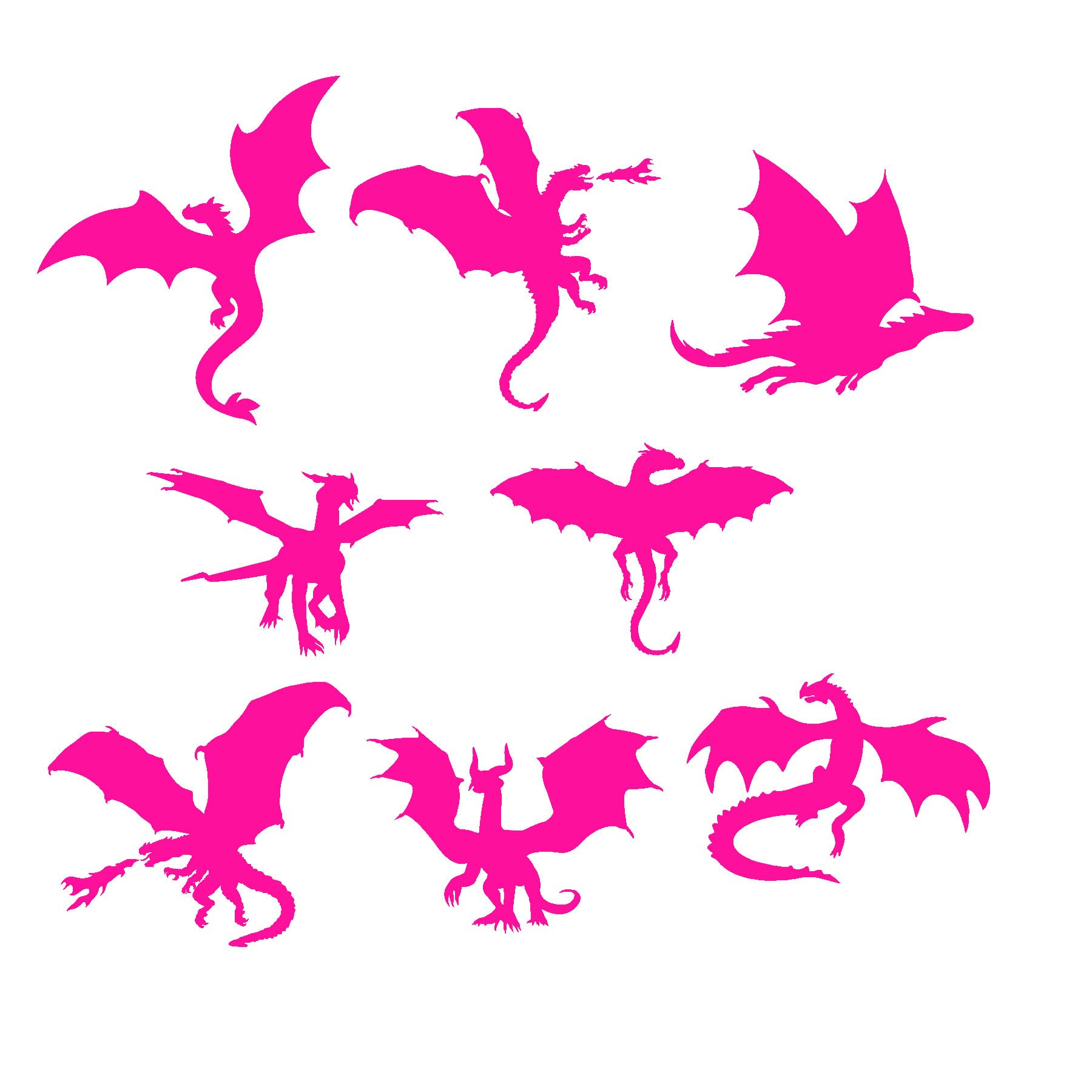 8 Dragon Silhouette Fun Waterproof Sticker Pack Decal - Car Stickers - Laptop Stickers - Mirror Stickers - Fantasy/Mythical Decals - Gift for Dragon Lover (Pink, Medium Pack)