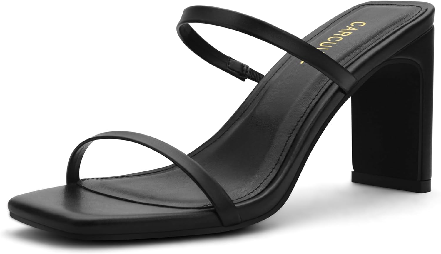 Carcuume Women's Square Toe Two Strap Open Toe Block Heels Sandals Slip On Shoes,Black Pu,8.5