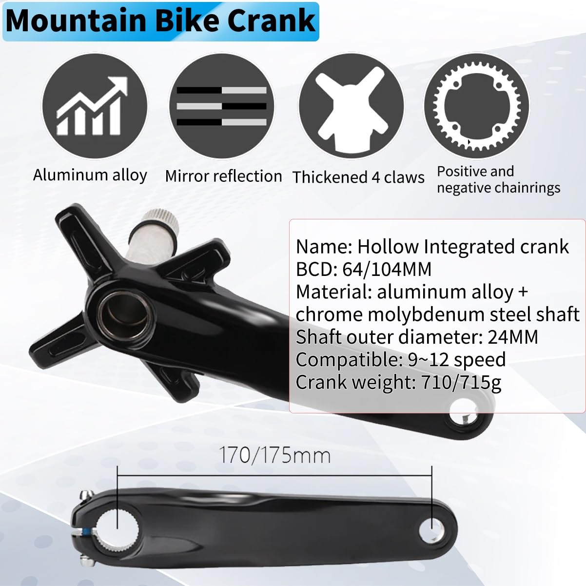 Guarnitura da 170mm/175mm 104/64 con Ingranaggi Ovali da 32T/34T/36T/38T Integrato Cavo Set di Pedivelle in Lega di Alluminio per Bicicletta da Montagna con BB(170mm,38T)
