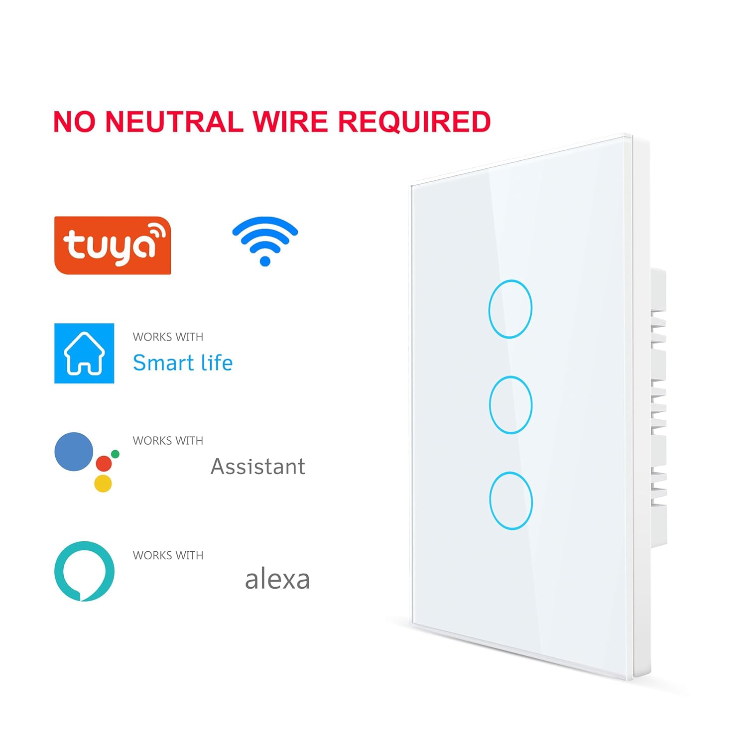 Smart WiFi Touch Switch No Neutral Wire Required Smart Home 1/2/3 Gang Light Switch 220V Support Voice Control Tuya App Black 3 Gang