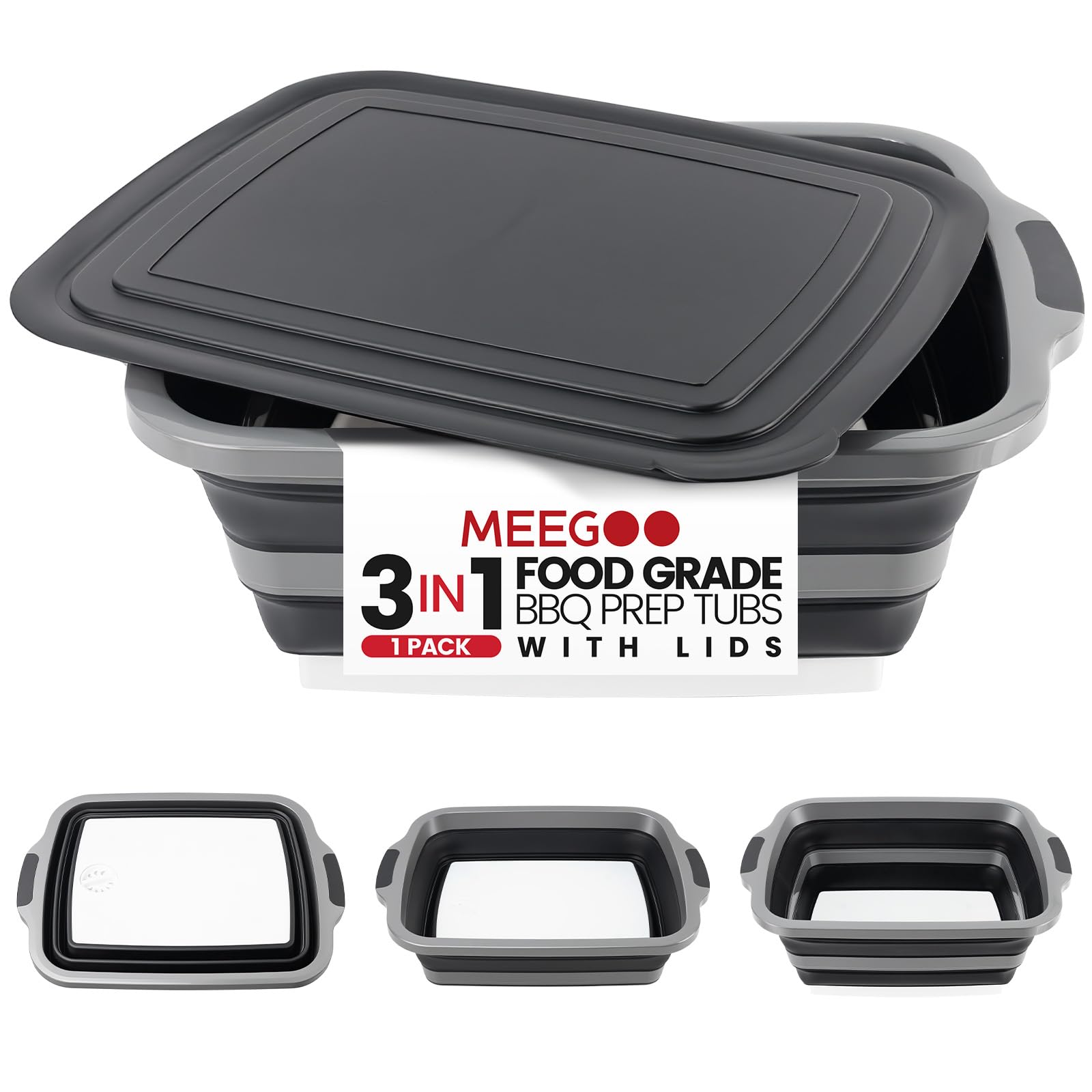 BBQ Prep Tub 3-IN-1 Large 30L Collapsible Cutting Board with Locking Lid for Meal Prep Marinating Food, Camping Sink with Colander, Dish Basin, Storage Blanket for Camping Picnic BBQ, Black
