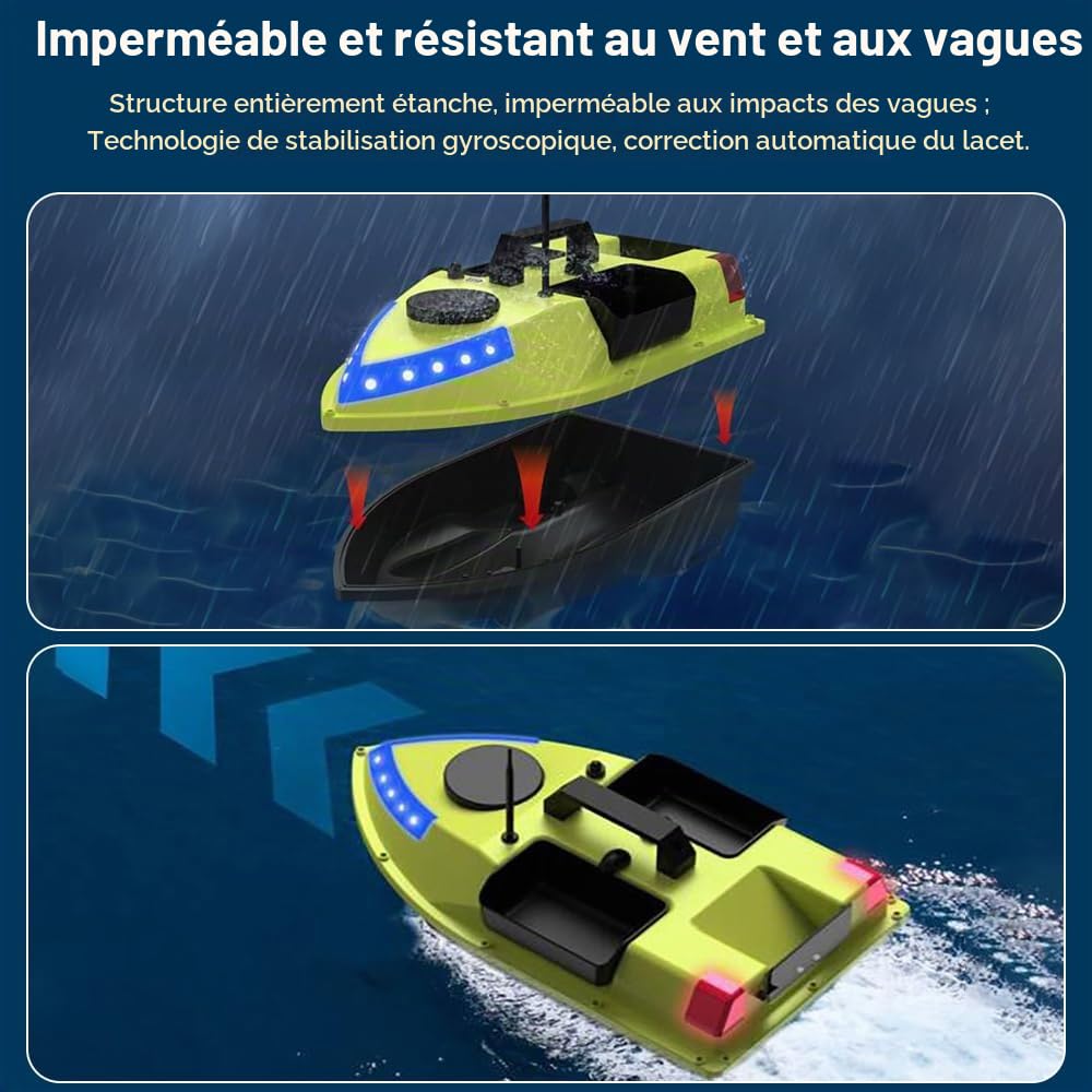 OBEST Bateau d'appât Télécommandé avec GPS, 600M RC Bateaus Nuit LED Pêche,3 Cabines 1.5 kg Chargement Bait Boat, Retour Intelligent, Faible Protection Batterie, Pêche Bateau à Double Moteur, 5200mAh