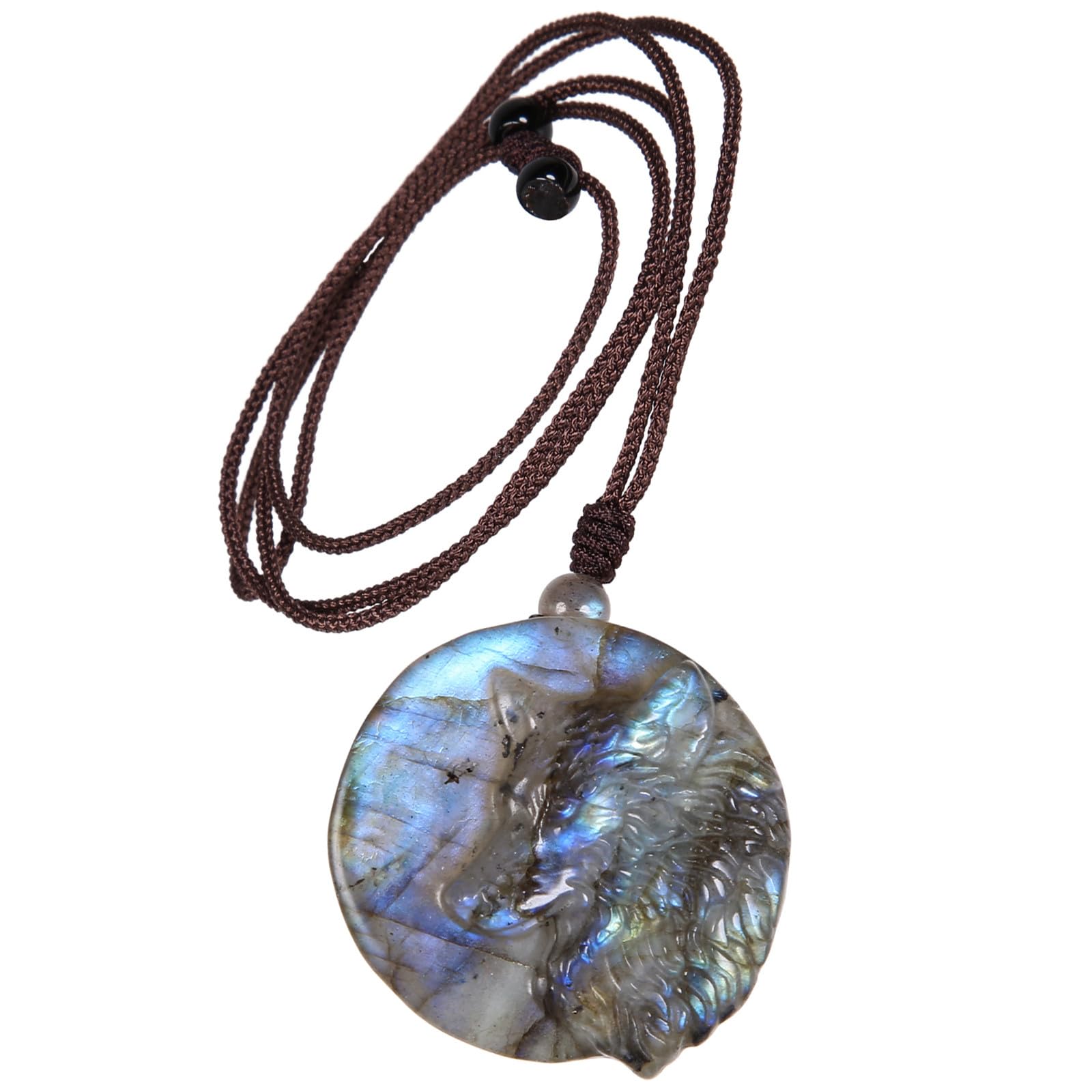 Nupuyai Labradorite Crystal Stone Necklace for Women Men, Natural Carved Stone Pendant with Adjustable Rope