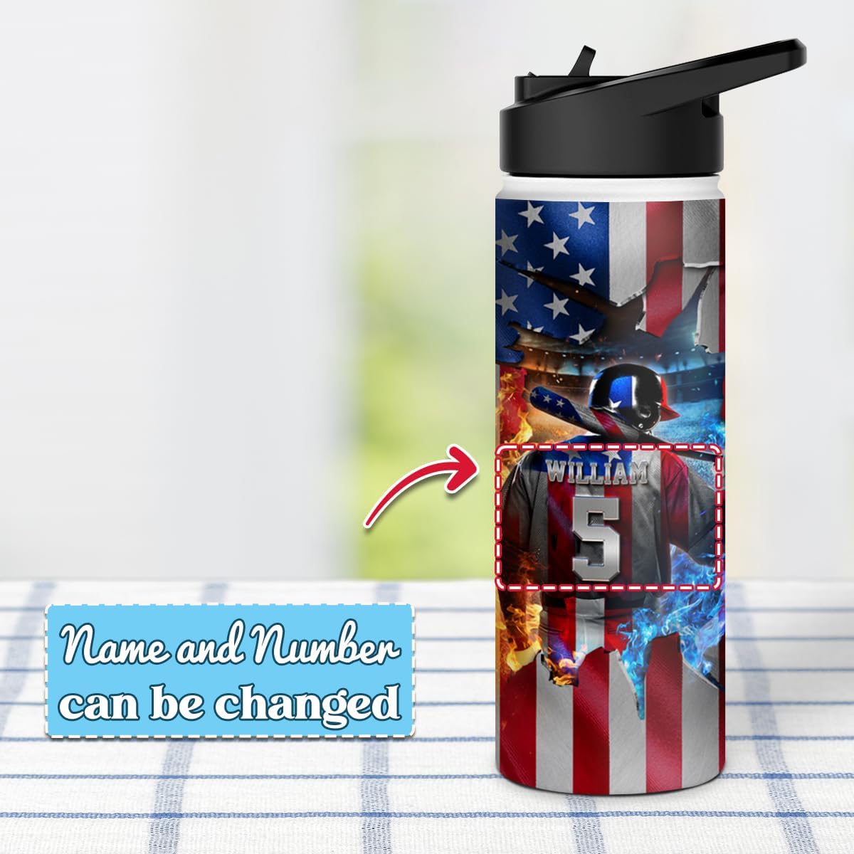 winorax Baseball Water Bottle Personalized Baseball Player American Flag Stainless Steel Insulated 32oz 18oz 12oz Bottles For Men Boys Coach Sports Player Father's Day Birthday Gifts