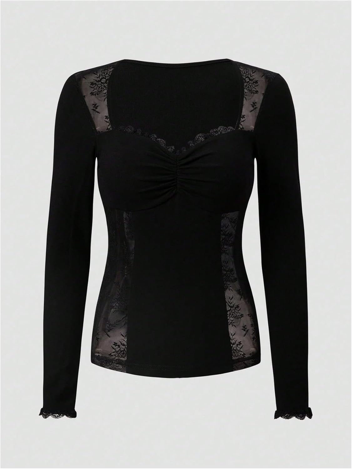 WDIRARA Women's Lace Trim Sweetheart Neck T Shirts Contrast Mesh Long Sleeve Tee Fitted Tops - Image 3