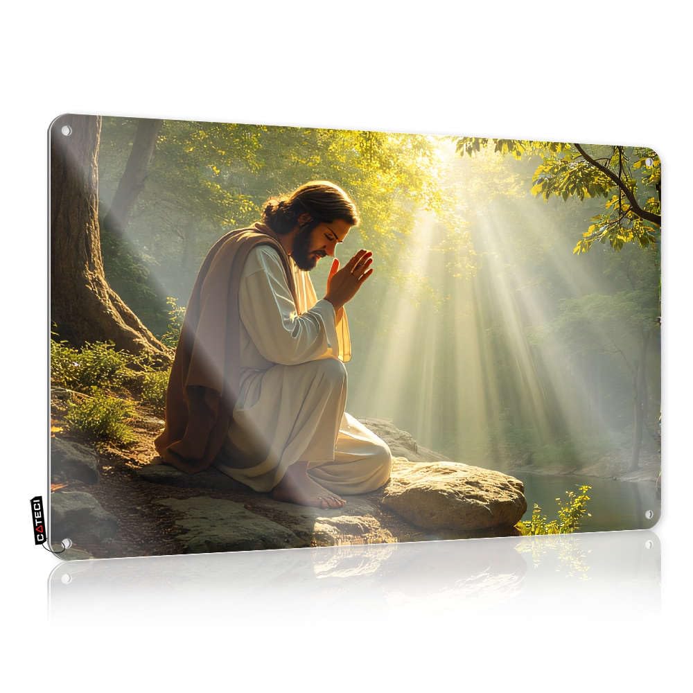 Sujd Colour Poster Tinsign Ready To Hang - A Person In Robes Kneels By A Serene Forest Stream, Bathed In Golden Light. Gift For Boyfriend For Campers(20X30cm)