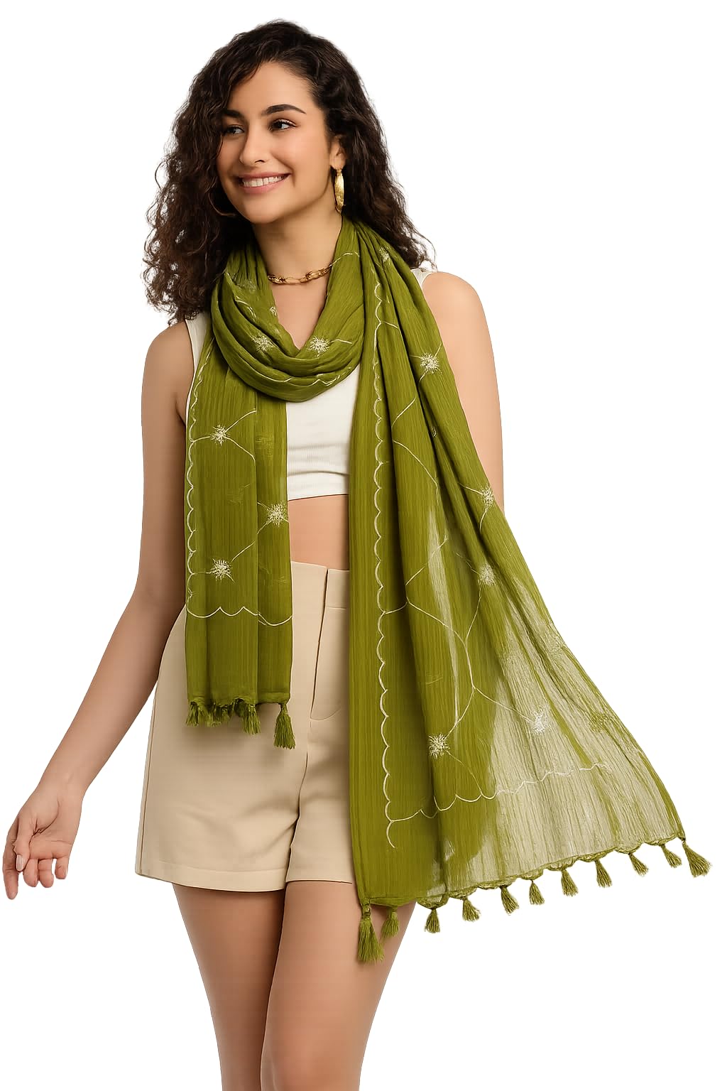 sonarika creation Women's Pure Cotton Embroidered Scarf Mehndi Green with Tassels-picture-58