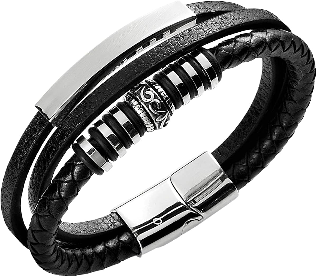 Men's bracelet, leather and stainless steel, triple weave leather, black, Gift Box,plus an extension clasp: Clothing, Shoes & Jewelry