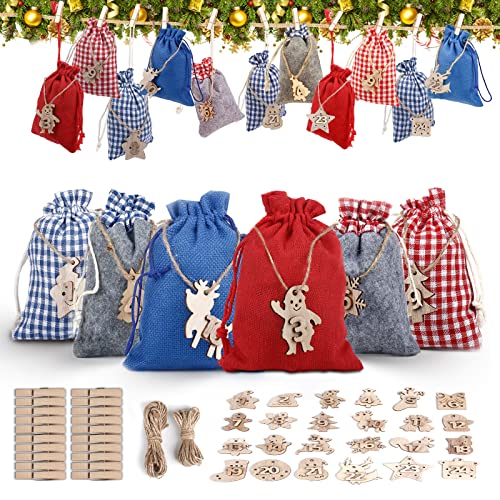 Calendrier de l'Avent-Sac en Tissu 24, DIY Noël Cadeaux Sacs à,Pendentifs de décorations Sacs, Xmas Rangement de Petits Objets Sac, Christmas Decorations 24 pièces Cover