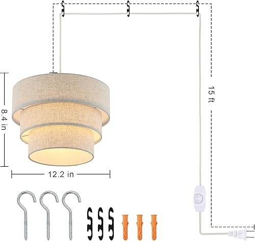 Miniatura 4 de Lámpara colgante enchufable con interruptor regulable y cable de enchufe con cable de 15 pies para sala de estar, dormitorio, comedor, cocina