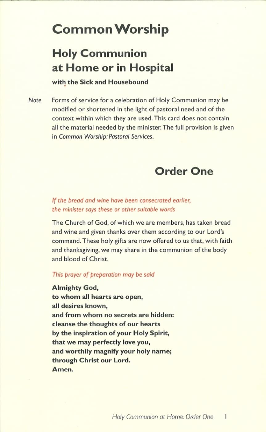 Common Worship: Holy Communion at Home or in Hospital Order One card (Common Worship: Services and Prayers for the Church of England)