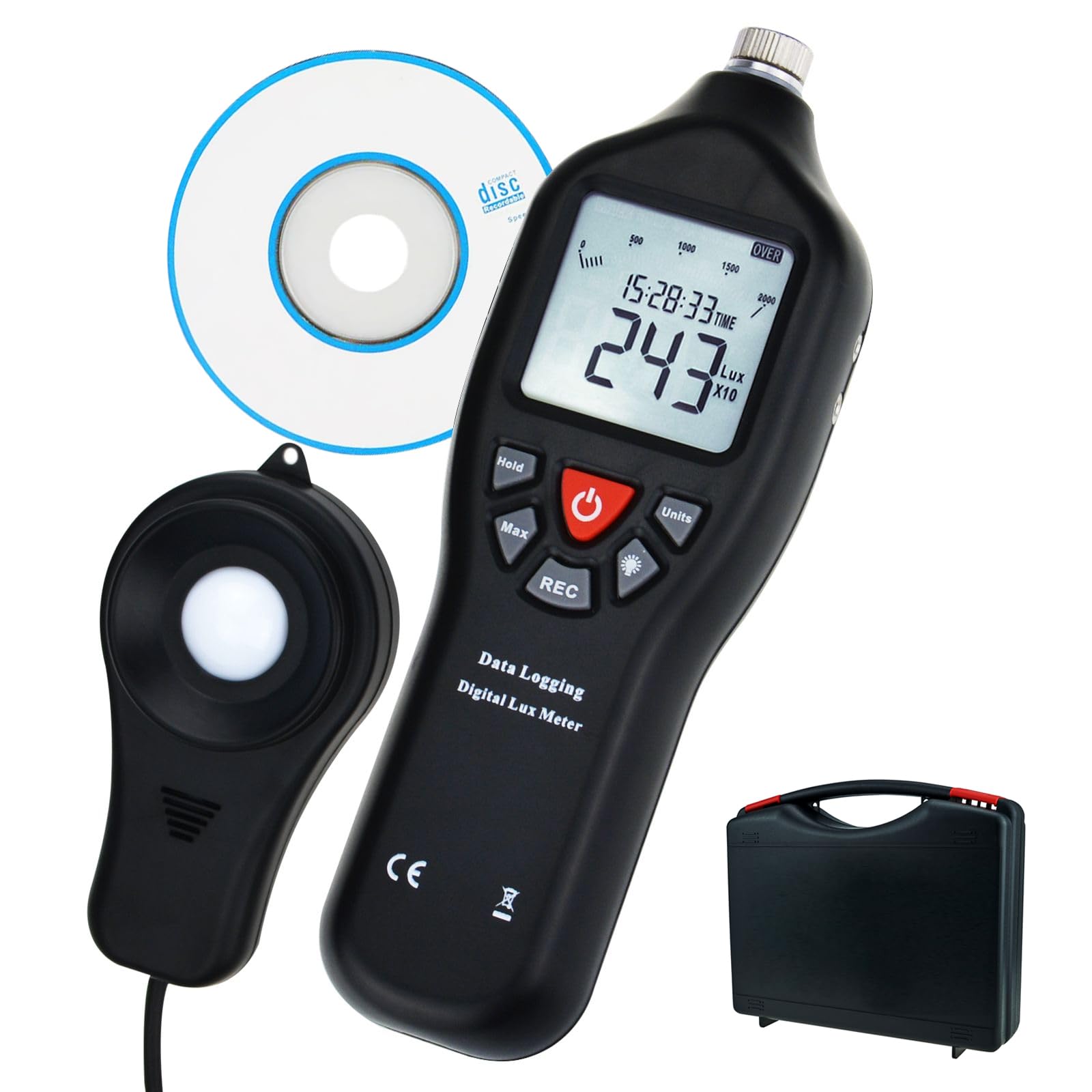 Digital Lux Meter 0-200,000 Lux – USB Data Logger for Windows 10/8/7/Vista/XP, 21,000 Memory, Auto-Ranging, Backlit Display, Fc/Lux Switchable, Detachable Sensor