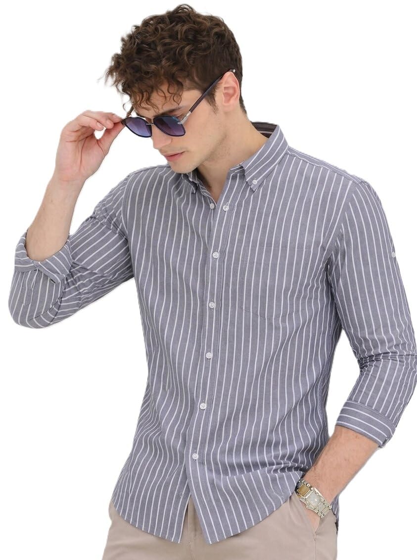 U TURN Men's Casual Printed Striped Stylish Latest Formal Shirt for Men (in, Alpha, 2XL, Grey)
