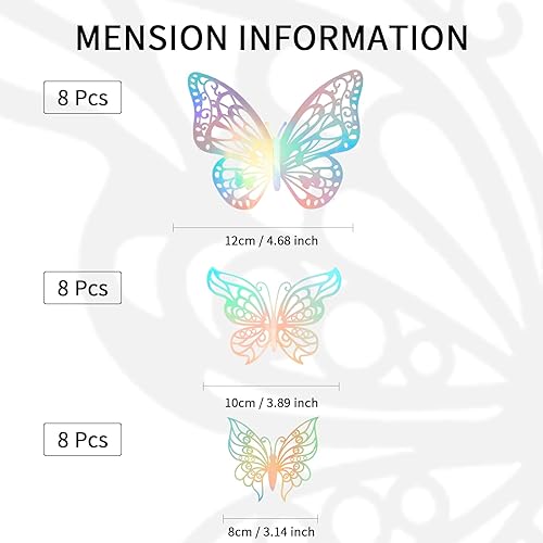 Miniatura 6 de Calcomanías de pared 3D, 24 mariposas plateadas arcoíris, decoración de pared, decoraciones de fiesta para cumpleaños (estilo uno)