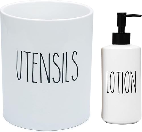 Heartland Home Soporte para utensilios de cocina y botella dispensadora de líquido vacía de porcelana de 16 oz para loción
