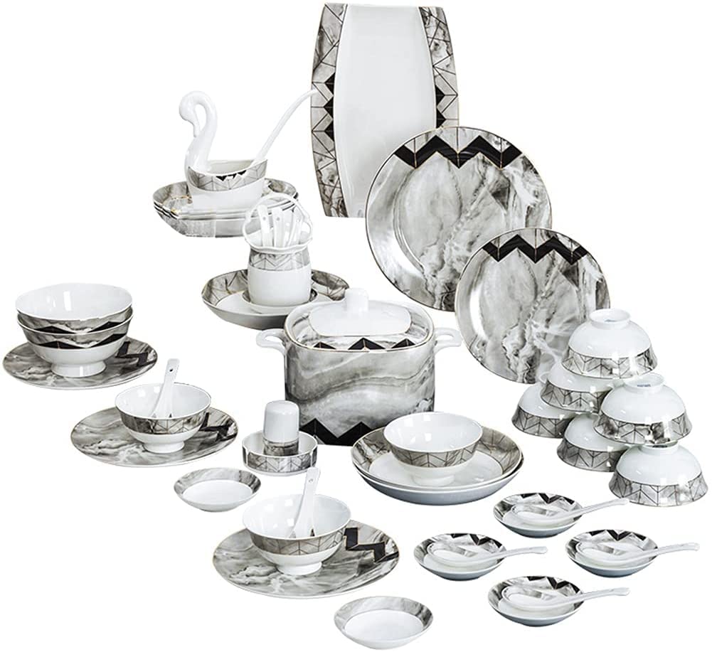 Marbling Porcelain Dinner Sets 60 Pcs Dinnerware Sets Service for 6-10, Dinner Plates and Bowls and Saucers Set for Family Banquets and Gifts Beauty Comes