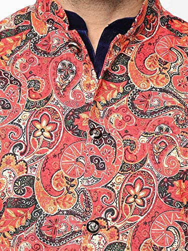 Image of SAIFOO Men's Silk Navy Blue Kurta Pyjama & Printed Nehru Jacket