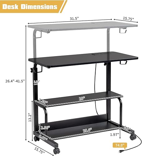 Miniatura 29 de Karl home Mesa móvil pequeña de 23.6 pulgadas, escritorio para computadora con ruedas, altura ajustable, carrito de computadora portátil, mesa Negro