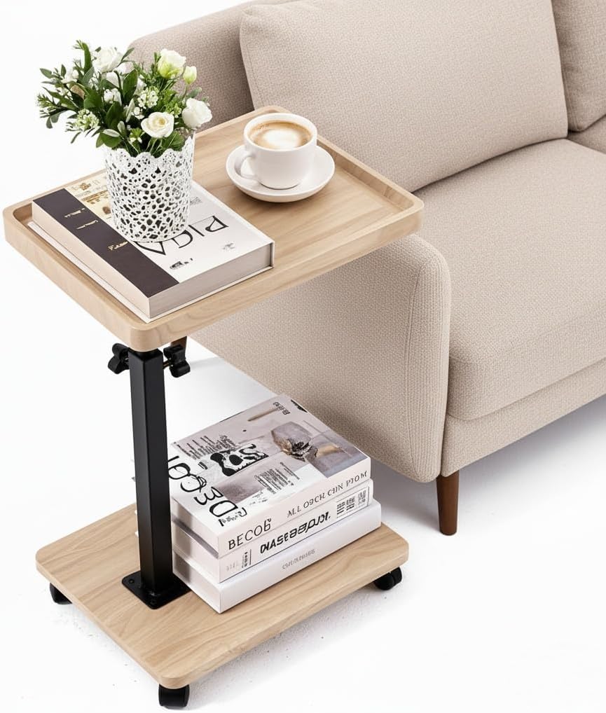 C Table End Table Adjustable Height,C Shaped End for Couch，Snack Tables,360°Swivel TV Tray Sofa Table,Tables That Slide Under,Coffee SideTable for Bed,Chair,Bath-tub (Solid Wood Color)