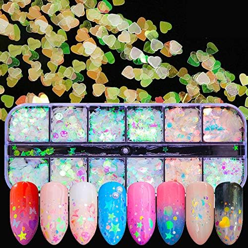 Mrsyel 12 Boxes Holographic Glitter Nail Art Sequins Iridescent Mermaid Flakes Glitter Colorful Confetti Sticker Manicure Nail Art Supplies Decals Decoration Glitter (2-Fairy)