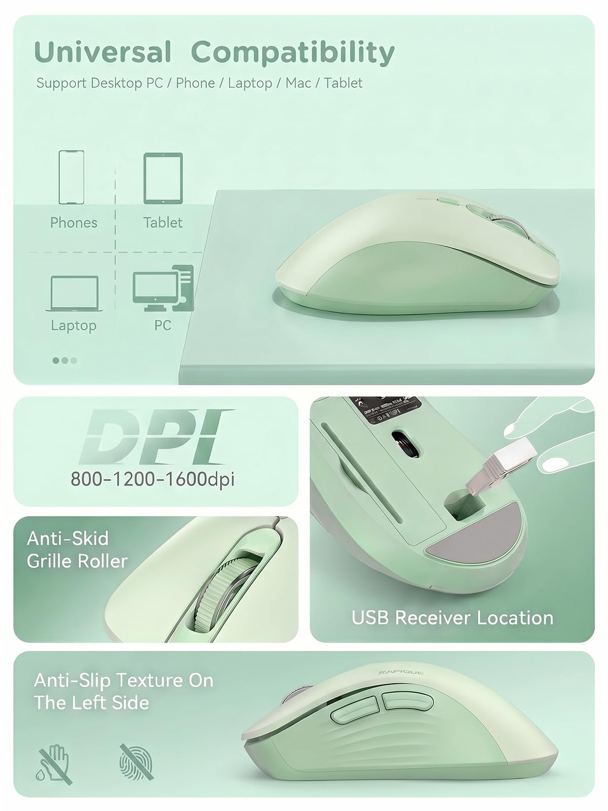 RAPIQUE Ratón inalámbrico Bluetooth, Bluetooth dual y receptor USB de 2.4 GHz, diseño a la derecha, clics silenciosos, baja potencia, compatibilidad multidispositivo para MacBook, laptop, computadora
