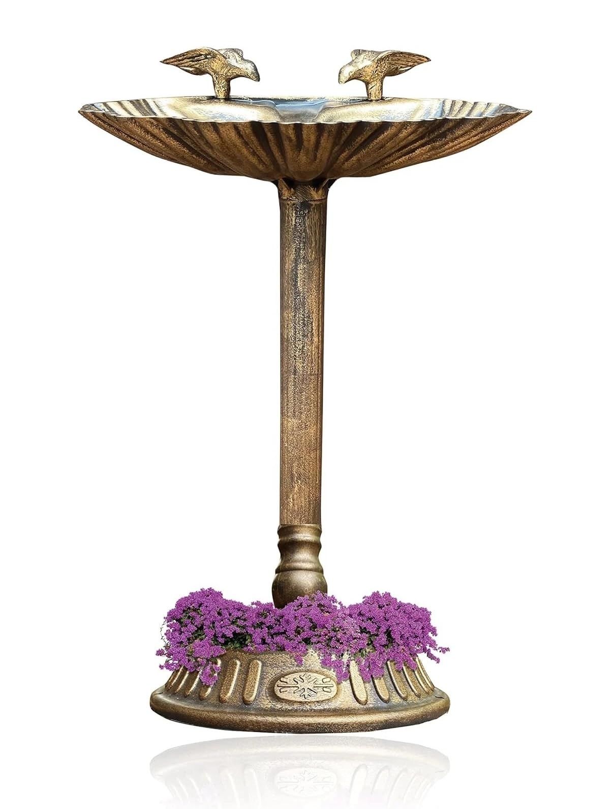 Decorative Bird Bath with Planter Bronze-Finished Metal Garden Stand Vintage Style Outdoor 2 in1 Bird Feeder Freestanding With Base Traditional Figurines Bath Feeding Station Clam Shell Des 81 x 39cm