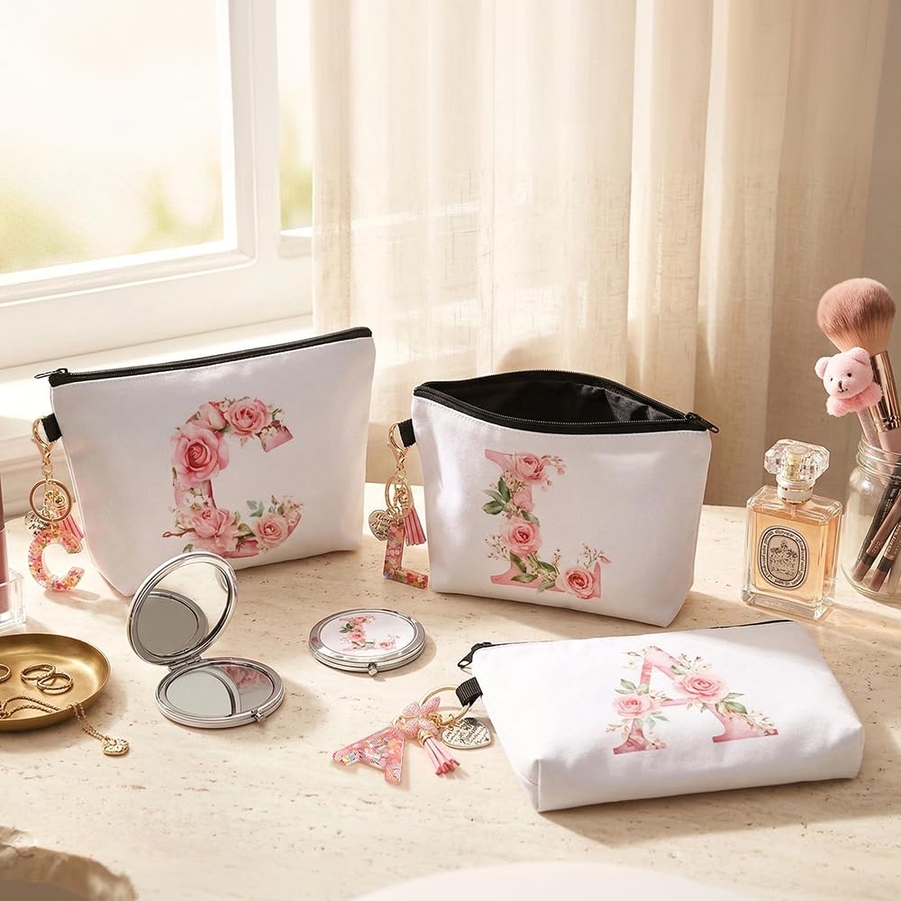 WALLFID Pochette Personalizzata con Lettere, Pochette da Make-up con Specchio & Portachiavi Motivazionale, Iniziali A–Z, Ideale come Regalo per Ragazze, Donne & Testimoni di Nozze (C)