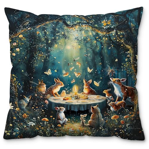 ROXMART Enchanted Forest Animal Pillow Covers 18x18, Animal Lover Gifts, Whimsical Magical Forest Bunny Fox Dinner Scene Decorative Pillow Covers for...