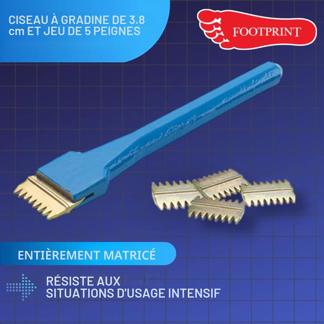 Ensemble burin et peignes 3,8 cm – Empreinte de pied Poignée forgée Résistance supérieure 5 peignes à double extrémité inclus Outils à main essentiels pour maçon ou maçon de pierre