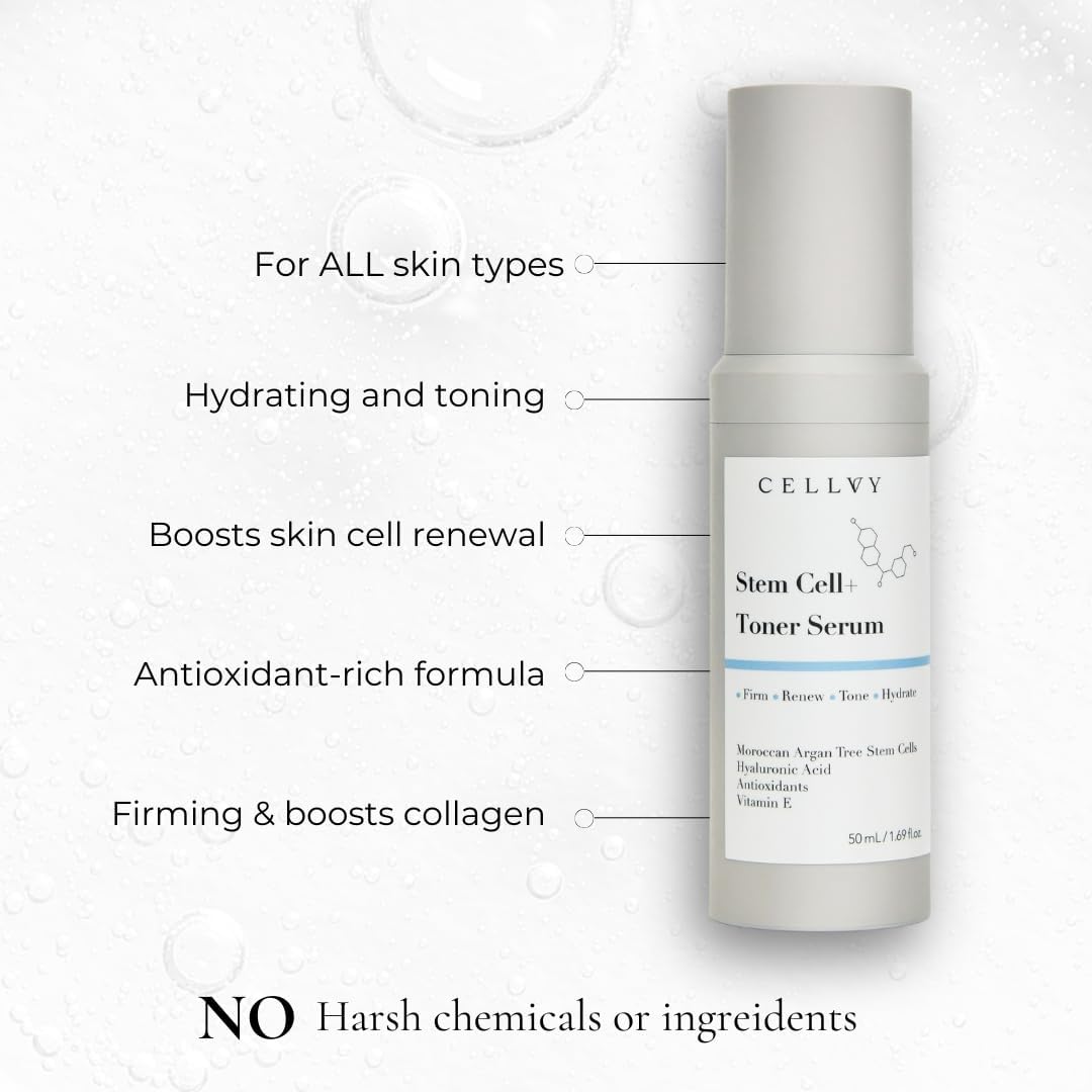 Korean Stem Cell + Toner Serum w/Moroccan Argan Tree Stem Cells, Hyaluronic Acid & Antioxidants, Firming, Hydrating, Anti-Aging, Boosts Collagen Production, Cooling w/Aloe Vera