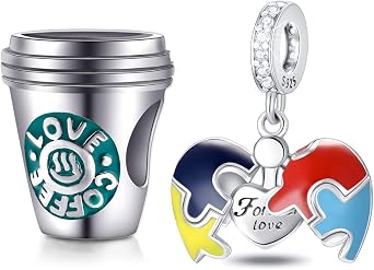 EMOSTAR Forever Love Charms Set for Charm Bracelet, 925 Sterling Silver Love Coffee Charms and Opened Heart-Shaped Autism Charms, Gifts for Christmas/Mom/Valentines Day