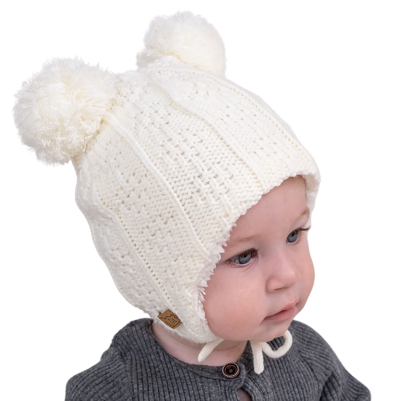 JAN & JUL Knit Winter Hat, Ear Flap Toddler Beanie for Baby Girls and Boys (Cream Bear, Size M)