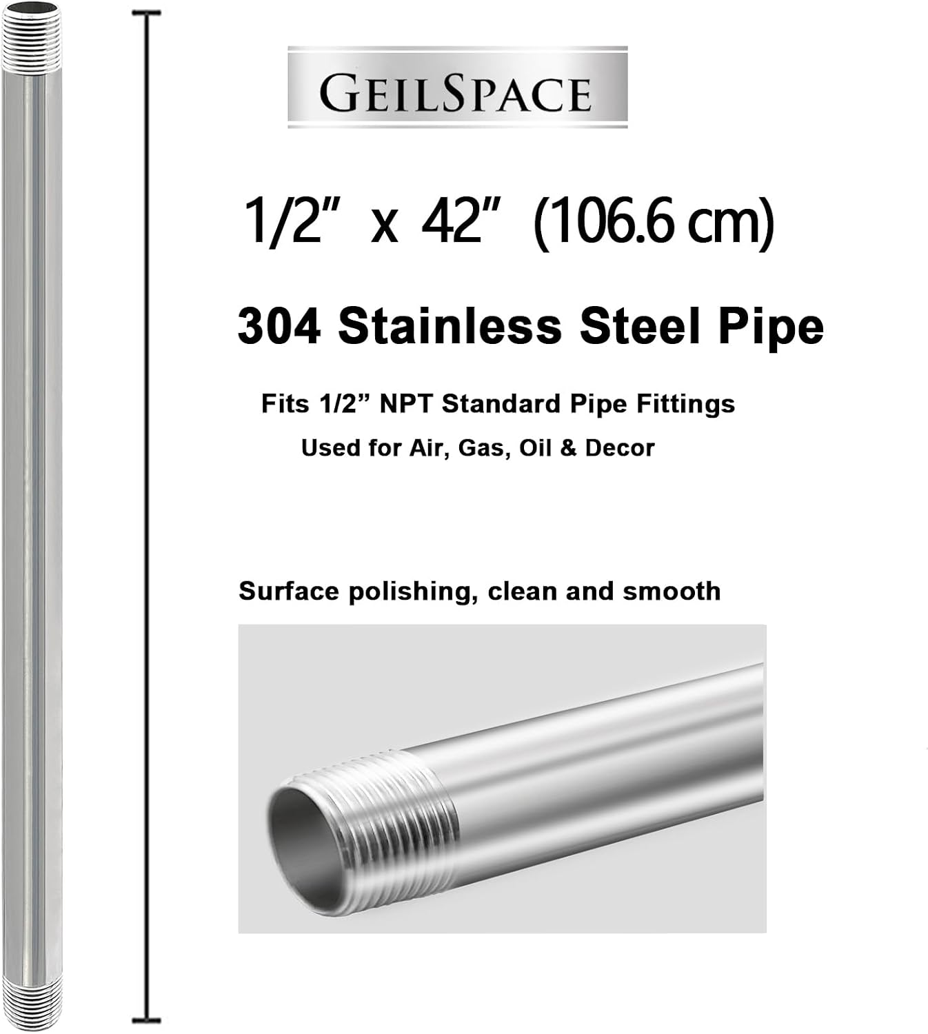 GeilSpace 1/2" x 42" Stainless Steel Pipe, 304 Pipe Nipple Fits Standard 1/2 Inch Threaded Pipes and Fittings, DIY Industrial Metal tube (2 PCS)