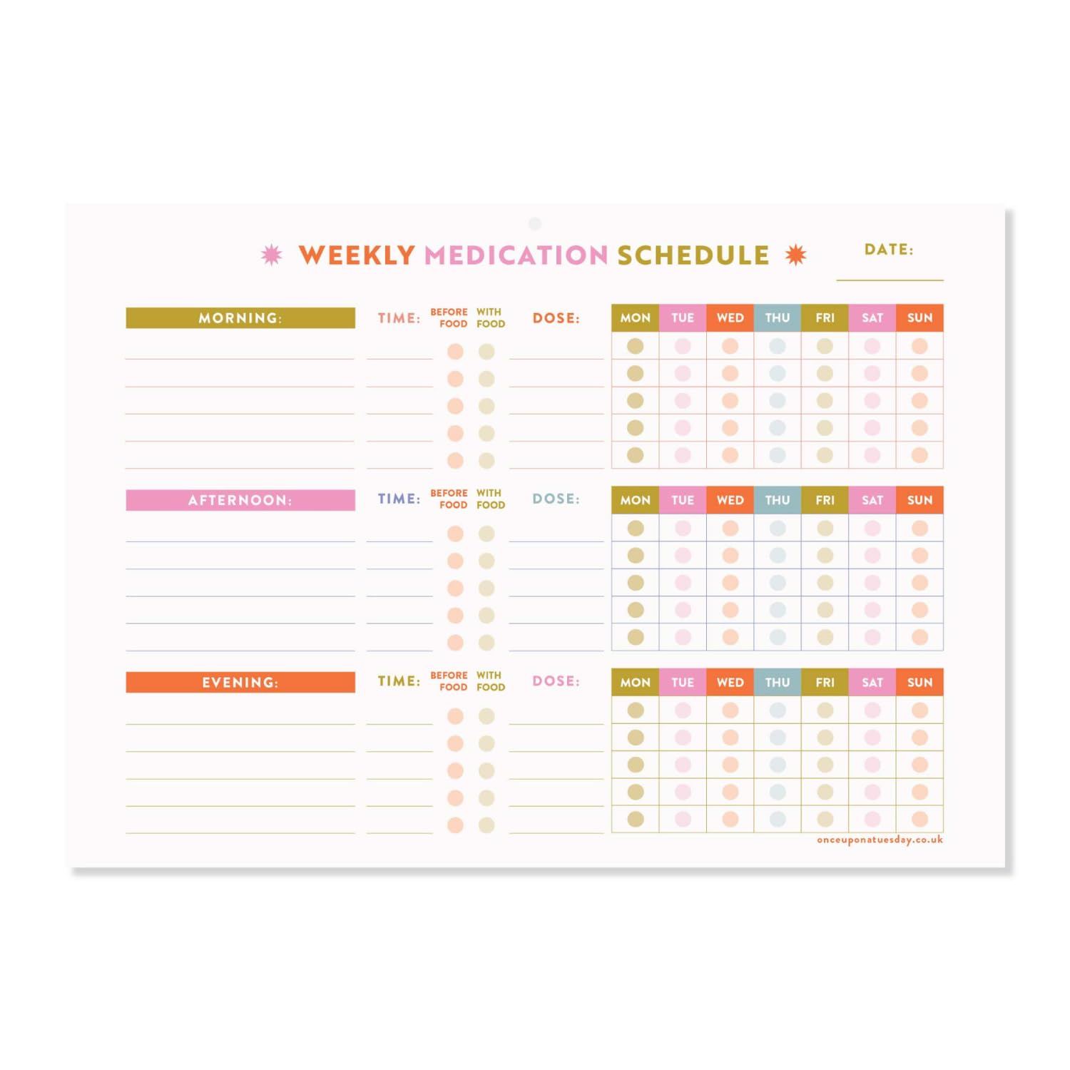 Good Tuesday - A4 Weekly Medication Schedule, 52 Tear-Away Pages, Designed for Tracking Daily Medications and Vitamins, Multi-Coloured, Made in the UK