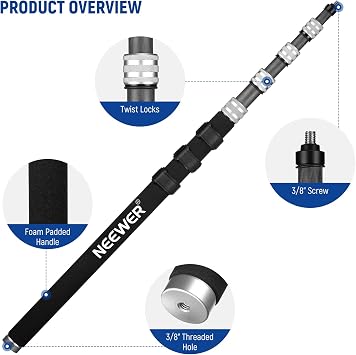 NEEWER Upgraded Microphone Boom Pole, 9.8ft/300cm Telescopic Carbon Fiber Mic Boom Arm with 5 Sections, 1/4” 3/8” 5/8” Screw Adapters, Cable Straps, Shoulder Strap & Storage Bag, MS-300C