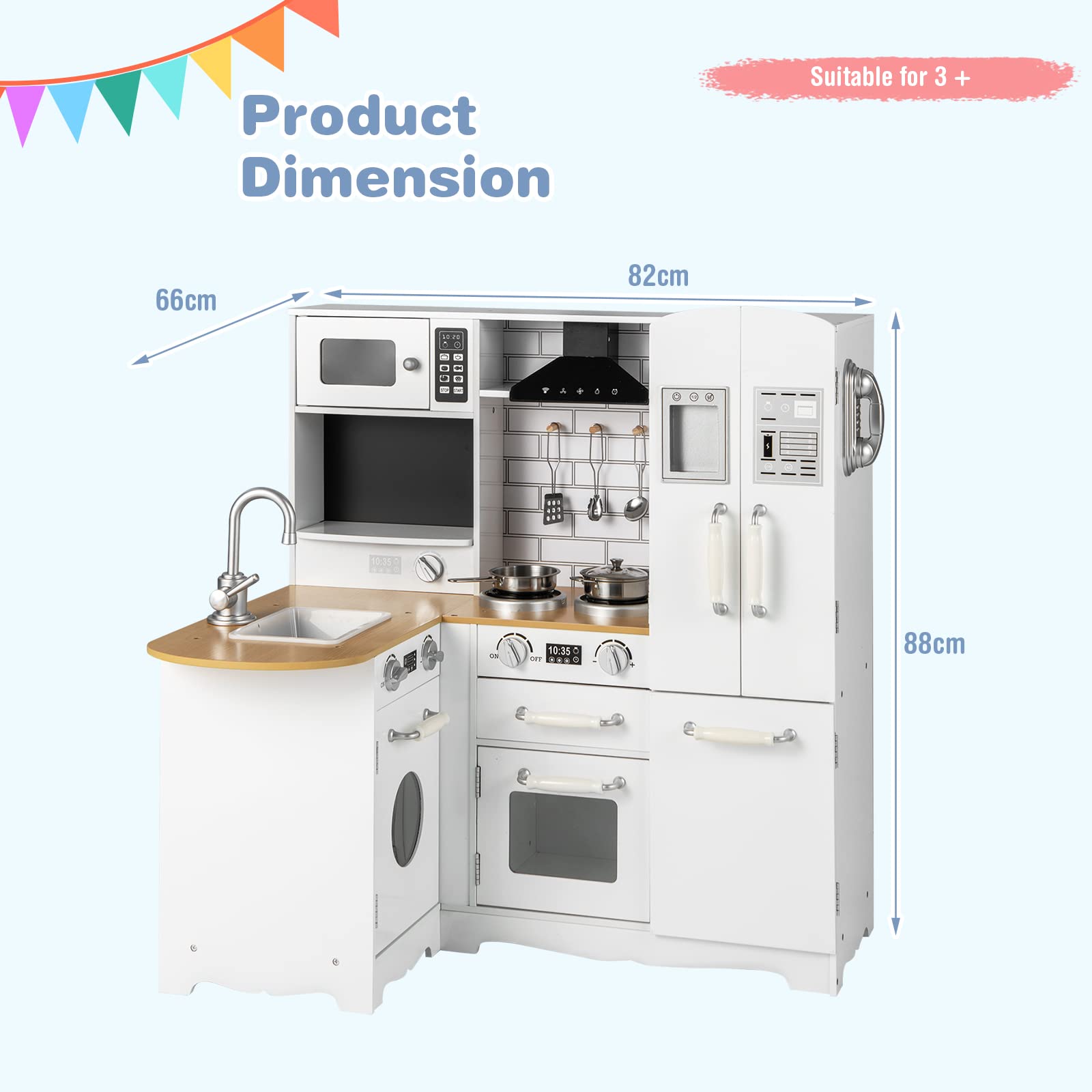 DREAMADE Cuisine d’Angle Enfants en MDF, Coin Arrondi, Évier, Cuisinière, Distributeur d'eau, Rangements Inclus, Jeu d'Imitation pour Tout-Petits 3 Ans+, 82 x 66 x 88 cm (Version améliorée)