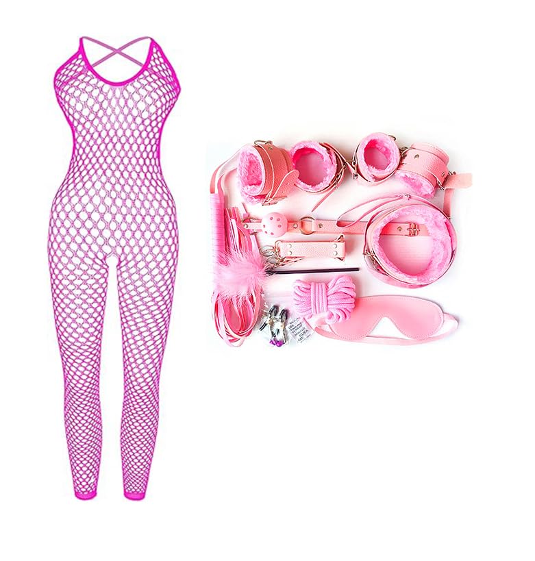 Conjunto de bondage de 10 piezas y lencería de cuerpo de malla sexy para mujer