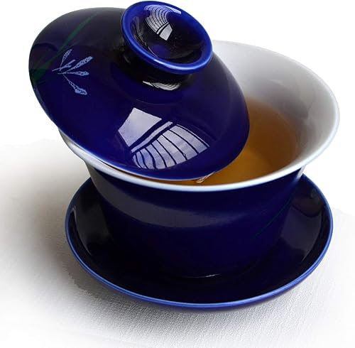 Miniatura 6 de Juego de té de porcelana china Gaiwan de 6.7 onzas, azul y blanco, con diseño de flores esmaltadas, Tureen Tradition Sancai Cover Bowl Lip Cup