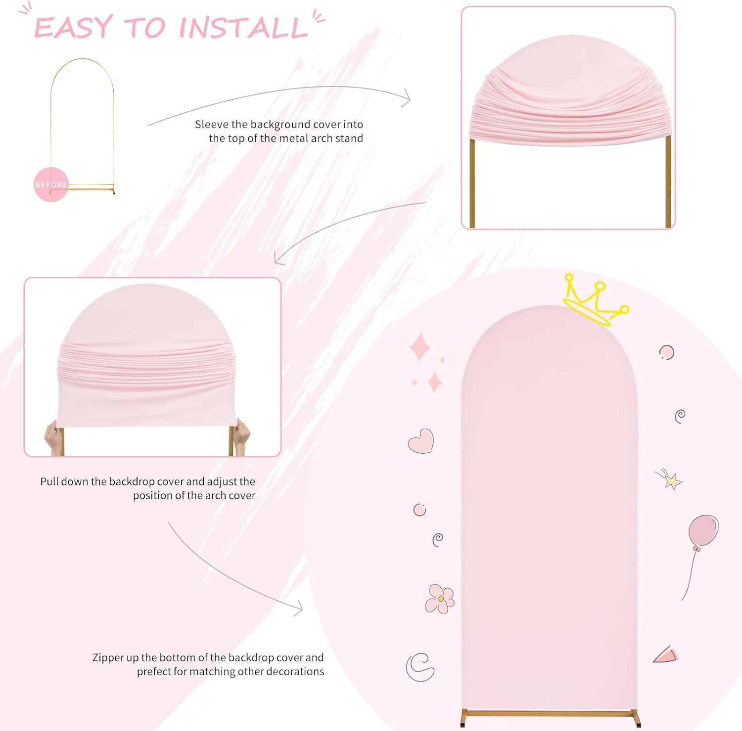 SoarDream 7.2FT Wedding Arch Cover Pink Spandex Fitted Wedding Arch Stand Covers Fitted for Round Top Chiara Arch Cover Fabric Stretchy Backdrop for Bridal Baby Shower Birthday Party Balloon Decor