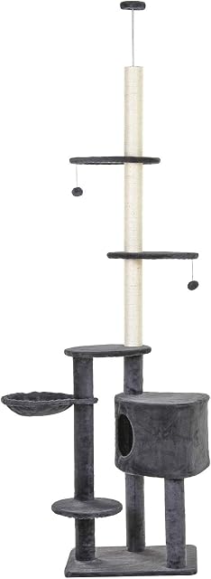 PawHut Floor to Ceiling Cat Tree for Indoor Cats Play Tower Climbing Activity Center Scratching Post Platforms Condo Adjustable Height 220-265cm Dark Grey