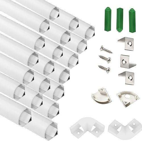 THMOOTHER Difusor de canal de tira LED en forma de V de 6.56 pies, paquete de 20 perfiles de aluminio con cubierta esmerilada y conector de esquina,