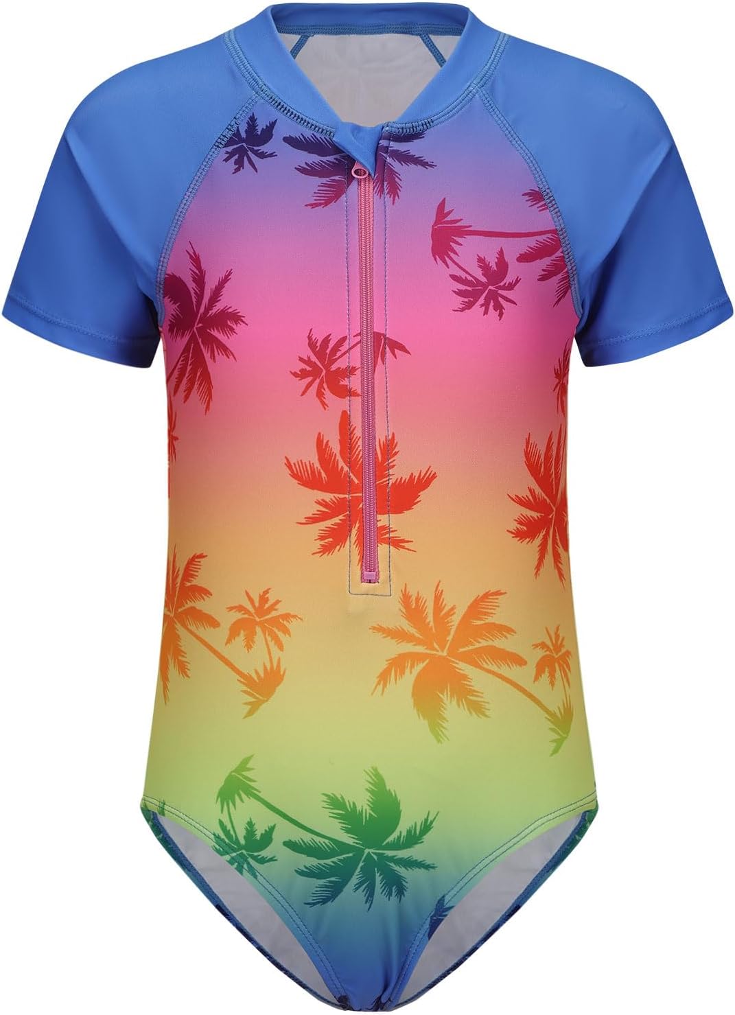 Girls One Piece Rash Guard Swimsuits for Kids Girls Short Sleeve Bathing Suits with Front Zipper Swimwear 3-16 Years