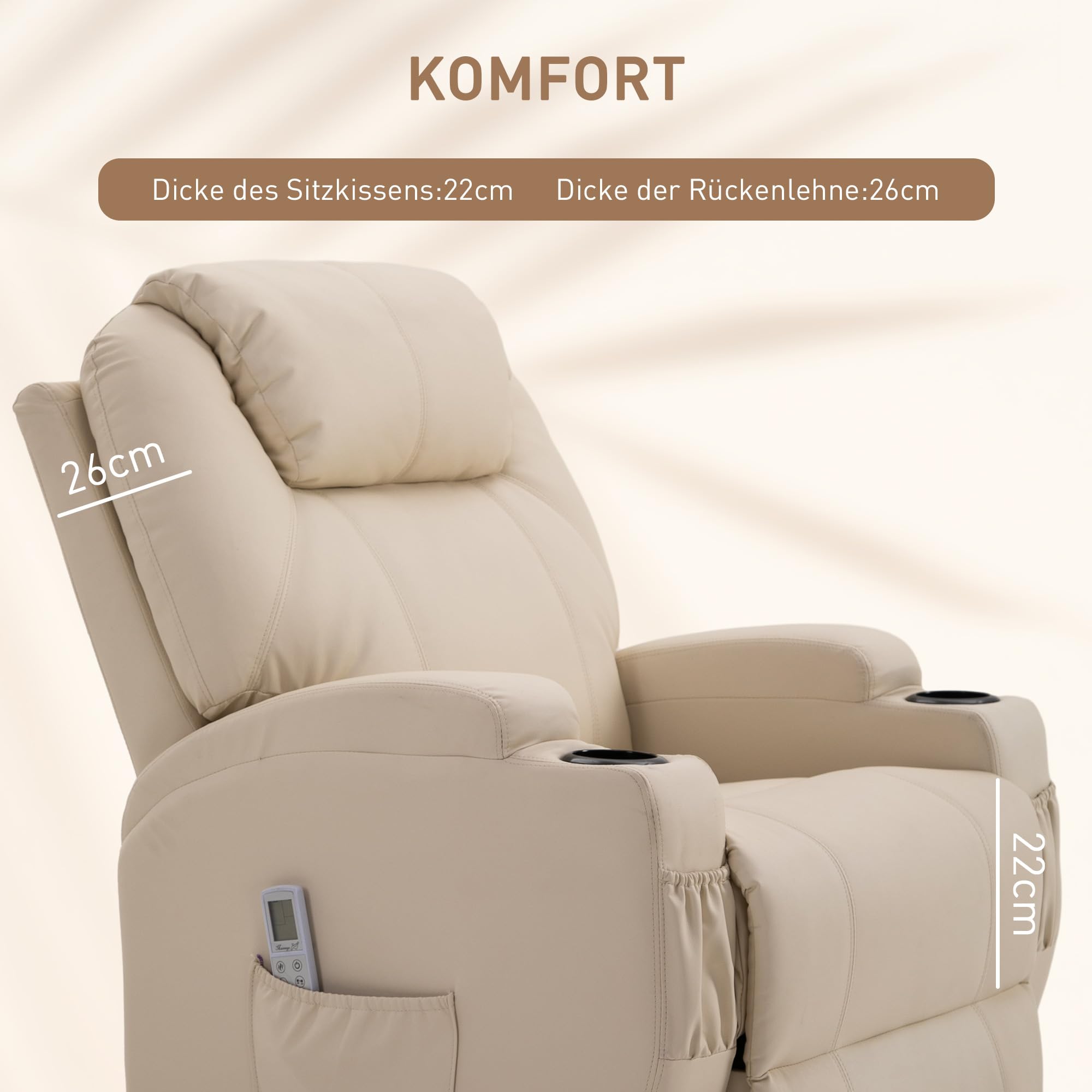 HOMCOM elektrischer Massagesessel Relaxsessel Fernsehsessel Massagefunktion Liegefunktion Kunstleder Holz Metall Schaumstoff Beige 82 x 97 x 110 cm