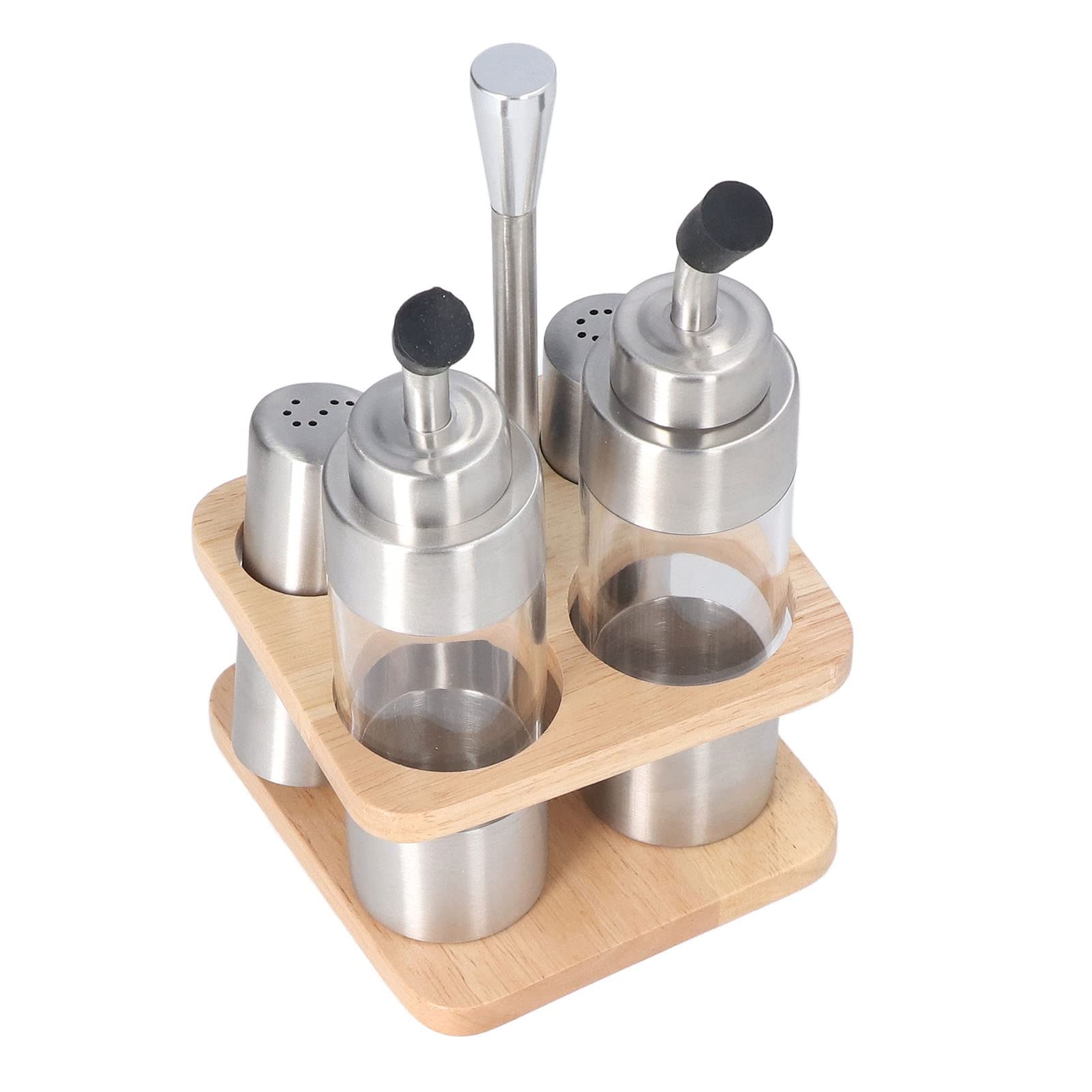 Gewürzflaschen-Set mit Holzregal, 304 Edelstahl Küchentisch-Gewürzhalter für Öl, Salz, Sojasoße, Essig, 5-teiliger Gewürzspender mit Buchenholzständer