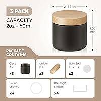 Vista 3 de Tarros de vidrio negro mate de 2 onzas con tapas, paquete de 3 recipientes de vidrio pequeños con tapas de plástico con veta de madera