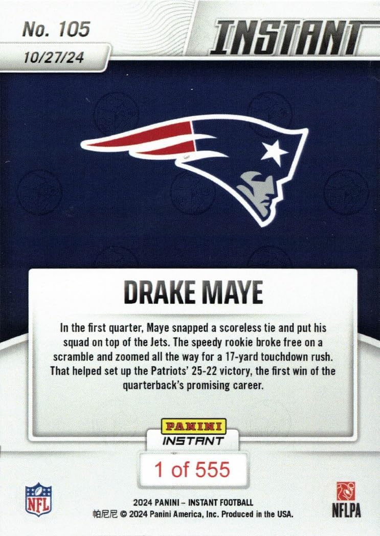 2024 Panini Instant Football #105 Drake Maye Rookie Card Patriots - 1st NFL Win