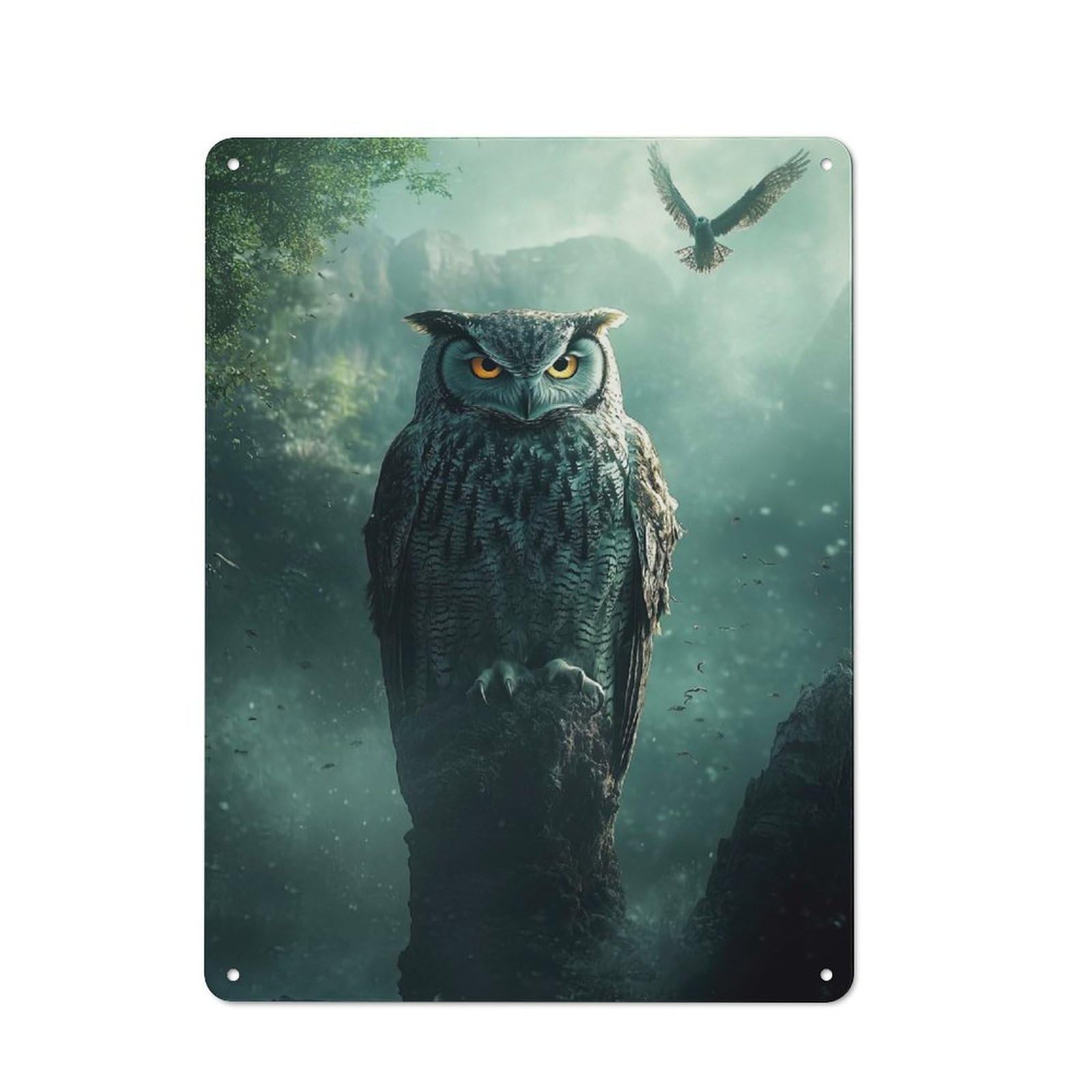 Junmoney Style-7 Rustic Tin Sign 40X30cm Featuring Majestic Owl In Forest For Living Room Wall, For Room Styling Across Living Rooms And Feature Walls