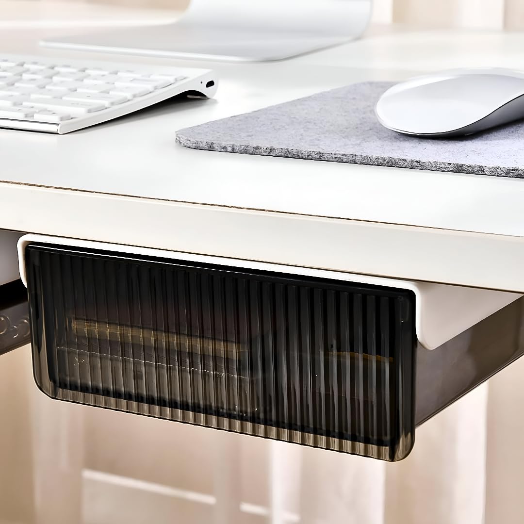 oddpod ™ Reed Under The Table Hidden Drawer/Acrylic Desk Organiser For Home & Office - Black (Medium), Stationery