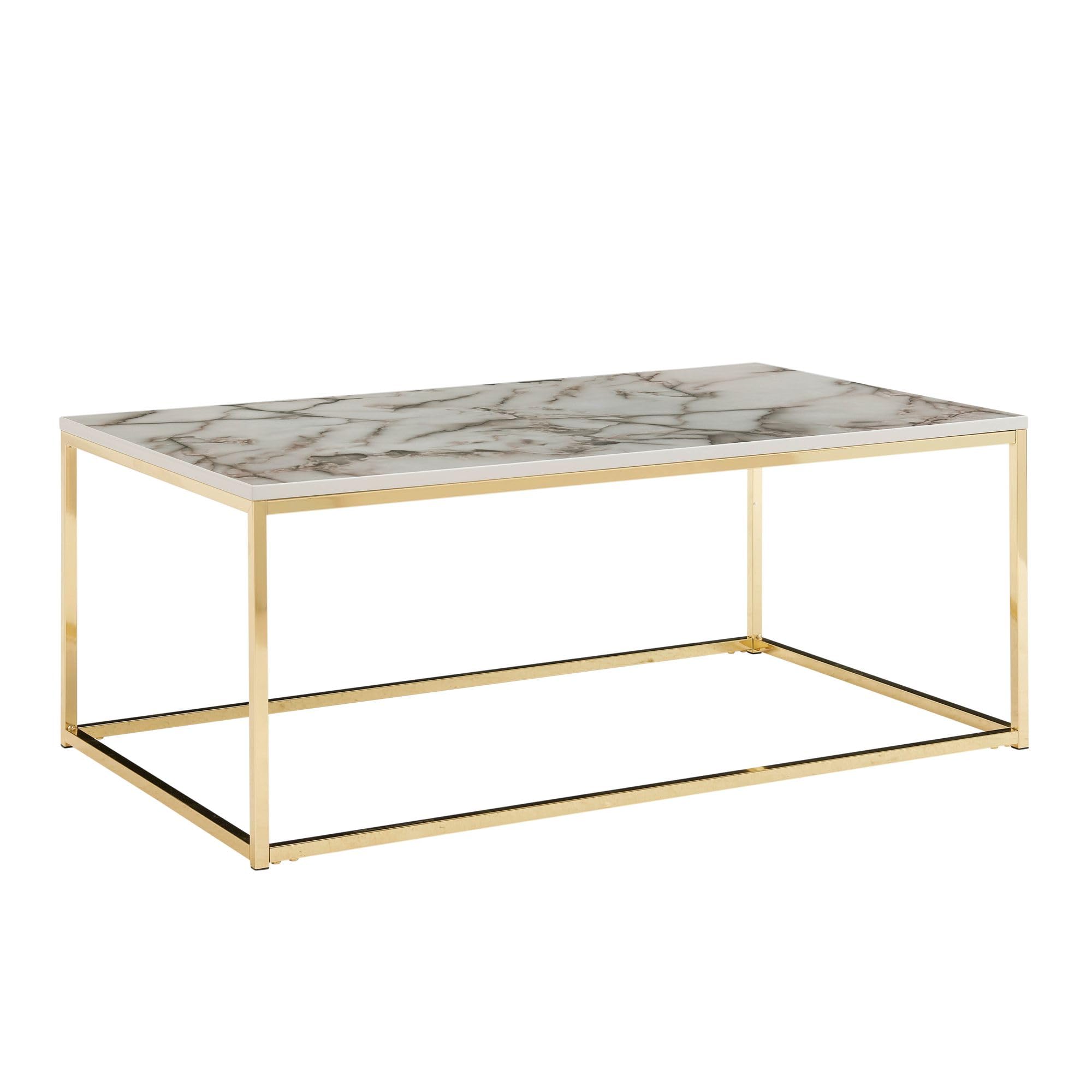 FineBuy Couchtisch 100x60x40 cm Weiß Marmor-Optik, Goldgestell | rechteckiger Wohnzimmertisch pflegeleicht, Sofatisch mit sicherem Stand, Loungetisch für Deko